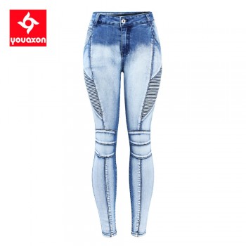 2236 Youaxon New Arrived EU Size Motor Biker Jeans Woman Plus Size 5 Pockets Stretch Bleach Wash Skinny Denim Pants For Women